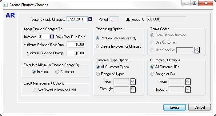 Process Period End Processes - Create Finance Charges Select Create Finance Charges... from the Period End Processes submenu to access the Create Finance Charges dialog box.