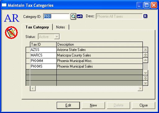 Maintain Tax Categories The Maintain Tax Categories... dialog box can be accessed by selecting Tax Categories... from the Tax Information... submenu on the Maintain menu bar.