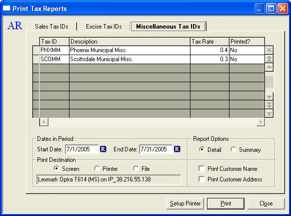 Process Period End Processes - Print Tax Reports - Miscellaneous Tax IDs Select the Miscellaneous Tax IDs tab to print State Miscellaneous Sales Taxes, Federal Miscellaneous Sales Taxes and Municipal