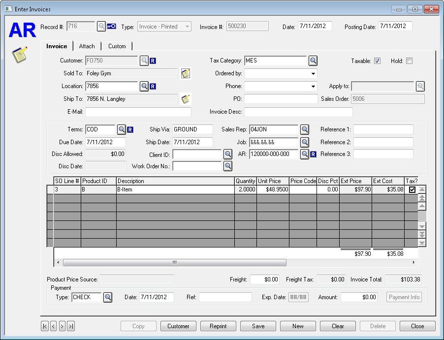 Enter Invoices When Invoices... is selected from the Enter menu the Enter Invoices dialog box is displayed. In this operation you can enter and edit Invoices as well as credit memos.
