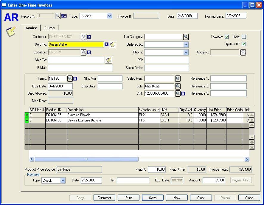 Enter One-Time Invoice When One Time Invoices... is selected from the Enter menu the Enter One Time Invoices dialog box is displayed.