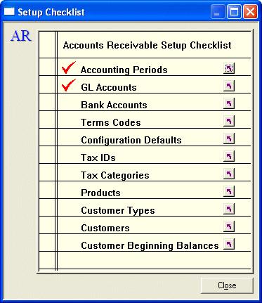 Setup Checklist The Accounts Receivable Setup Checklist guides you through the steps necessary to set up the Accounts Receivable (AR) module for use on a day-to-day basis.