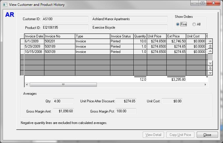 View Customer and Product History The View Customer and Product History dialog is accessed from the Enter Invoices data grid when the F6 key is pressed on the keyboard.