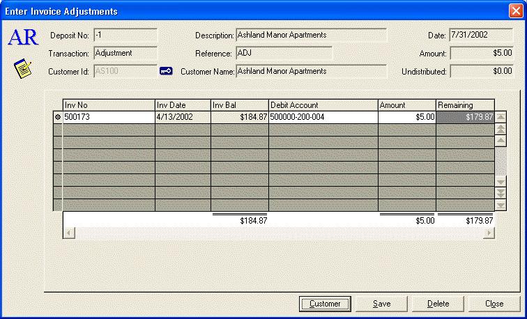 Enter Payments - Invoice Adjustments When the selection box to the left of the Adjustment line item ID in the DataGrid is selected, click the button to access the Enter Invoice Adjustments screen.