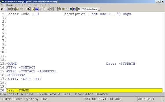 Processing Figure 38.3 First screen of the letter body. The user can put the fields in any place of the screen. Note that blank lines from 1 to 10 are left for the letterhead.