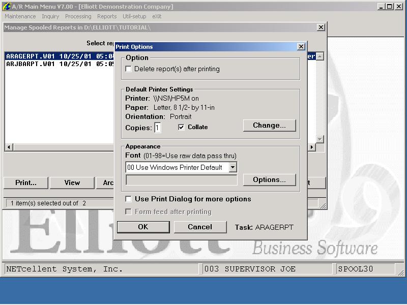Utilities Setup Select Print takes you to the window shown below: Option: Change: Options: Delete Reports after printing Change default