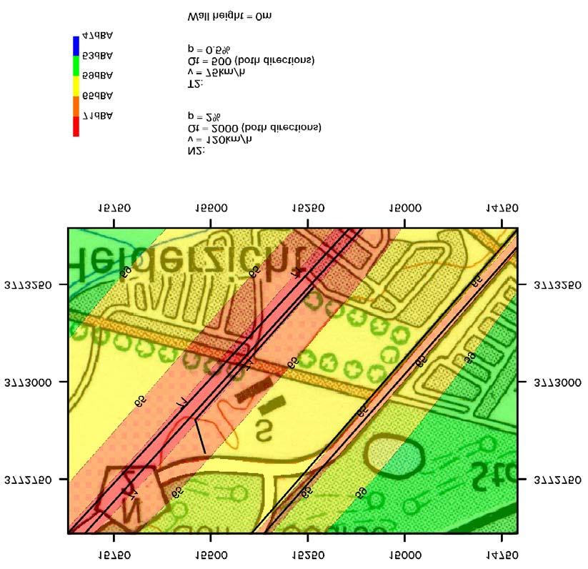 FIGURE 18. Calculated noise contours for the N2 located on the proclaimed route. No noise mitigation.