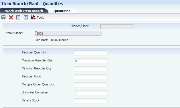 Entering Branch/Plant Information Figure 3 9 Quantities form You can specify the minimum, maximum, and normal reorder quantities for an item.