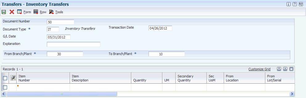 Transferring Inventory Figure 4 3 Inventory Transfers form Note: If the Item/Branch that you are transferring this inventory to requires a country of origin, and the lot that you are transferring