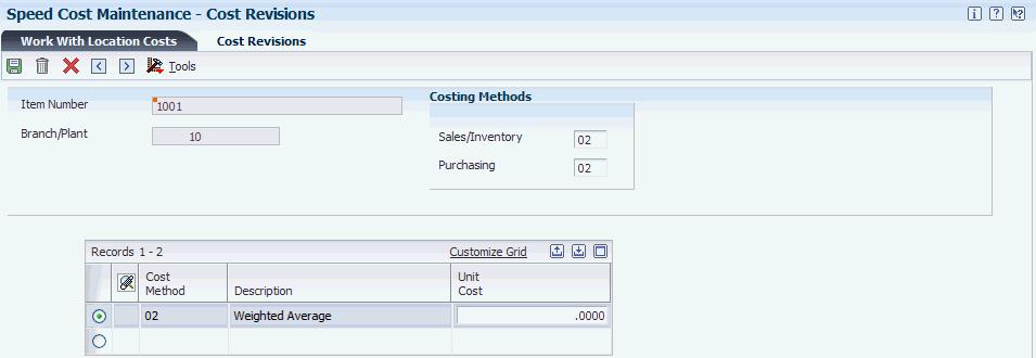 Updating Item Costs Figure 7 1 Cost Revisions form Sales/Inventory and Purchasing Enter codes from UDC table (40/CM) that indicates the cost method that the system uses to calculate the cost of goods