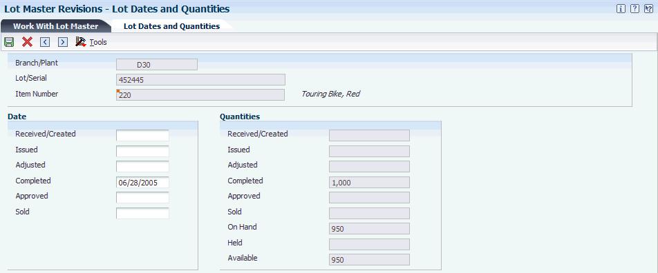 Working with Lot Availability Figure 9 2 Lot Dates and Quantities form After you create a lot and enter lot control information, you can enter and modify dates, such as when the item was received.