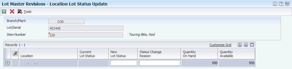 Setting Up Allowed Lot Status Codes Figure 9 3 Location Lot Status Update form Set up lot status codes to identify the reasons that a lot is on hold.