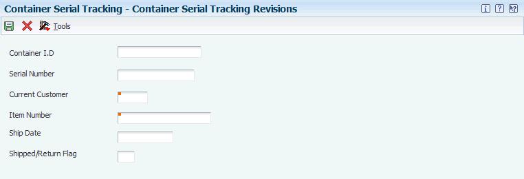 Processing Container Transactions Figure 10 6 Container Serial Tracking Revisions form You can also select a container on the Work With Customer Serial Tracking form to review and revise serial