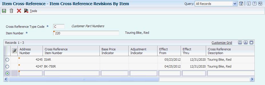 Setting Up Item Cross-References Figure 2 8 Item Cross Reference Revisions By Item form Cross Reference Type Code (cross-reference type) Enter a code from UDC table (41/DT) that identifies the type