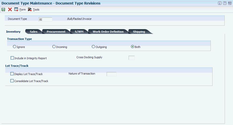 Setting Up Document Type Information 2.8.3 Setting Up Document Types Access the Document Type Revisions form. Figure 2 10 Document Type Revisions form 2.8.3.1 Inventory Select the Inventory tab.