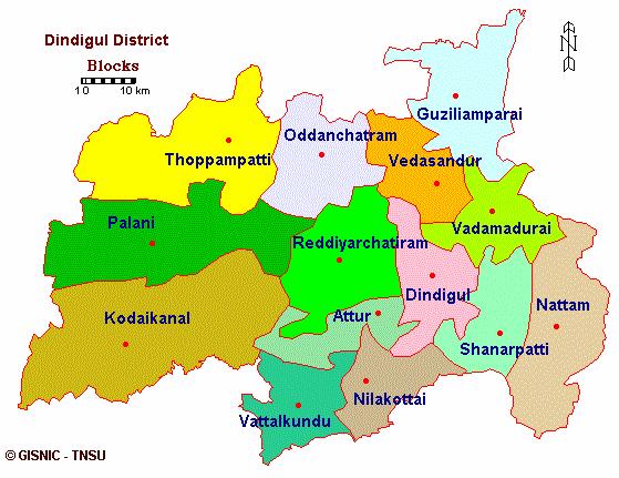 Dindugal at a Glance The geographical position of the district is in such a way that it is bound by Erode, Coimbatore, Karur and Trichy districts on the North, by Sivaganga and Tiruchi District on