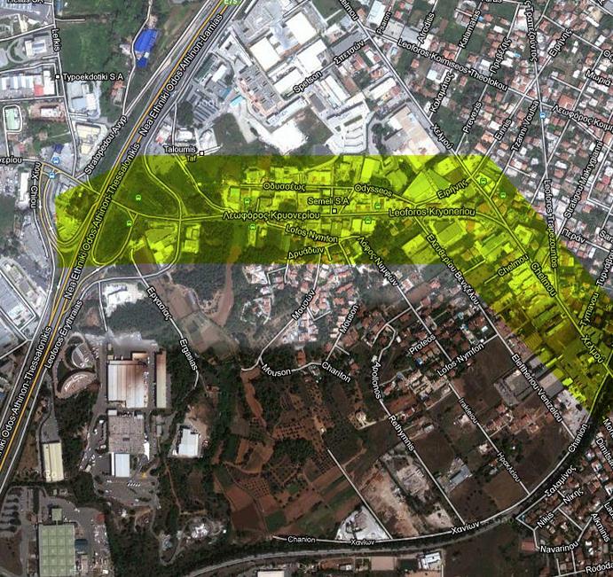 Fig. 1. Part of the Agios Stefanos suburb (major arterial and its surrounding area are highlighted).