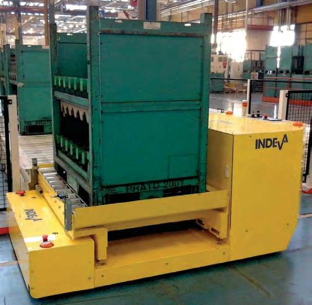 Samples of custom solutions The INDEVA AGV shown below is complete with power driven rollers for uploading large containers from the conveyor line that