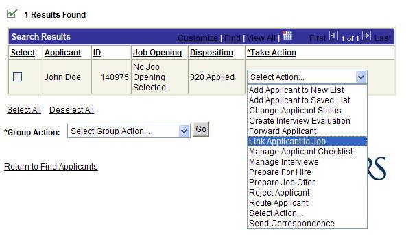 Step 8: Link the applicant to the job opening by choosing Link Applicant