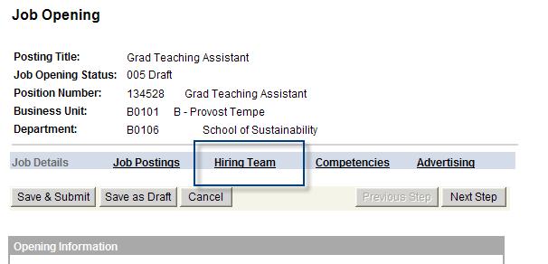 Step 4: Click on Hiring Team Link and enter Hiring Team (name searching tips on the next page).