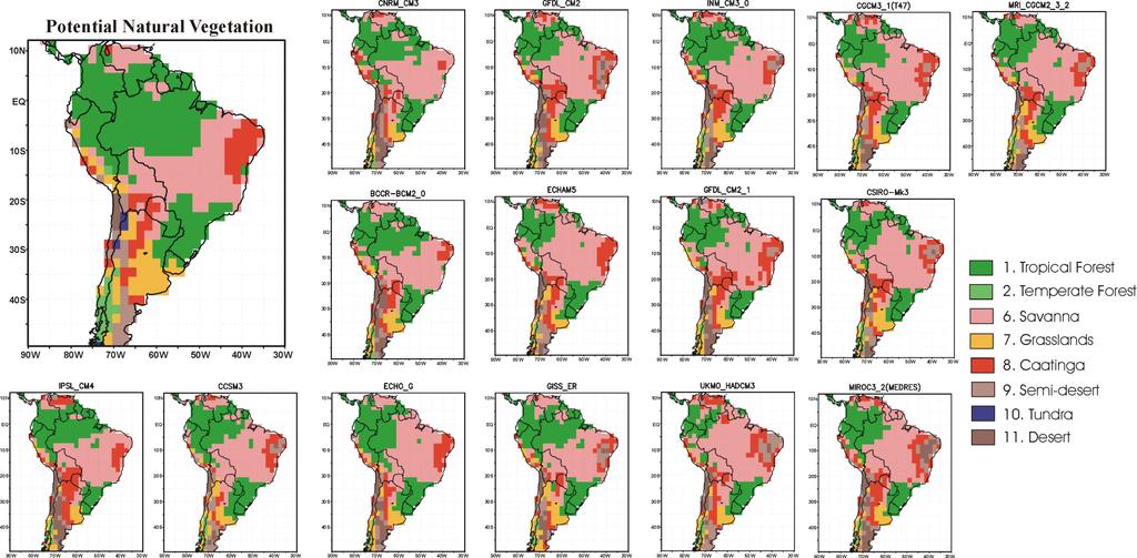 Climate Change Consequences on the Biome distribution in tropical South America Projected distribution of natural biomes in South America for 2090-2099 from 15 AOGCMs for the A2 emissions scenarios.