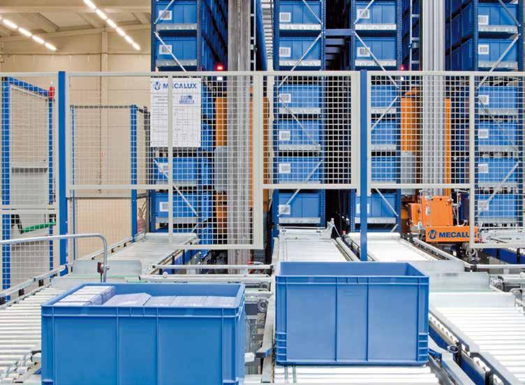 Automated warehouse system for boxes that combines racking, stacker cranes, conveyors, and warehouse management software as a single product.