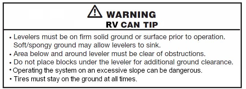 LEDs in all images will be represented in this format: Before operating the levelers, you must do the following: 1. Park the RV on as level a site as possible.