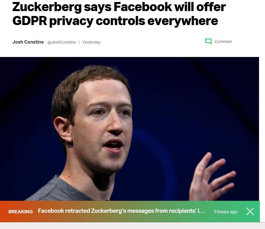 Mark Zuckerberg refuted a Reuters story yesterday that said Facebook would not bring Europe s General Data Protection Regulation privacy safeguards around the world.