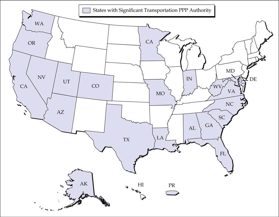Figure 5.8 States with Significant Transportation PPP Authority 2008 Source: U.S. DOT FHWA. Kansas is not one of the 23 states with PPP enabling language.