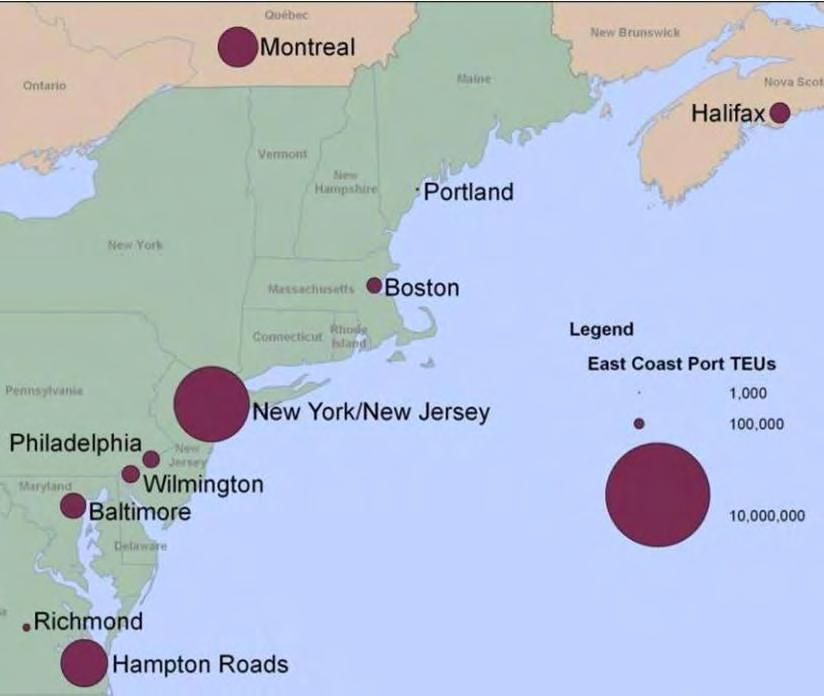 The Port of New York/New Jersey dominates the northeast for maritime containers handled (see map below).