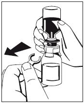 6. Remove the distance ring (Fig. 3) and press the WFI bottle down (Fig. 4). WFI will flow into the concentrate (FIBRYGA) bottle. Fig. 3 Fig. 4 7.