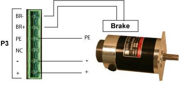 4.2.4.4 P3 Connection for Brush Servomotors with Brake Ruby is compatible only with 24V brakes. The Engage and the Disengage time may be set in the commissioning software (Motor properties page).