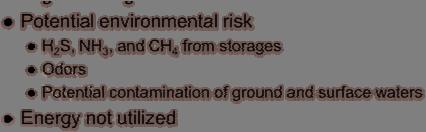 than crop nutrient demand Transporting manure to remote crop fields Lagoon sludge Potential environmental risk H 2 S, NH 3, and CH 4 from storages Odors Potential