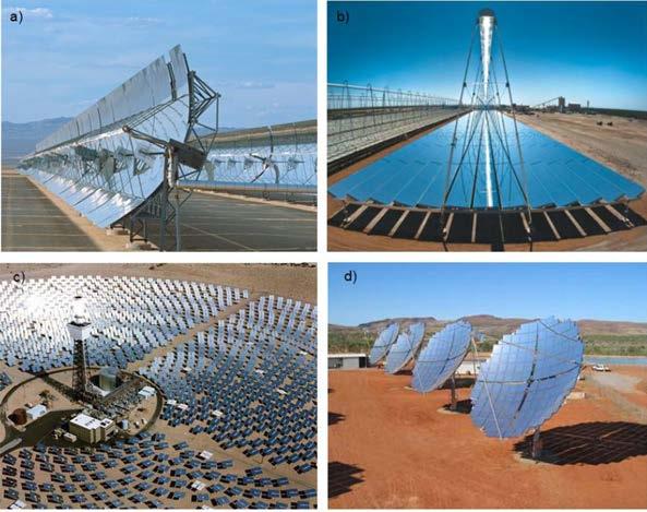 Solar Thermal Technologies (a) Parabolic Trough, (b)compact Linear Fresnel, (c) Power Tower and