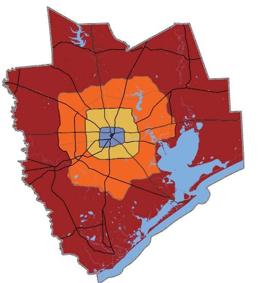 population and employment decentralization. The share of population inside Loop 610 will decrease by 2% by 2040, and the share of employment inside Loop 610 will decrease by 4%.