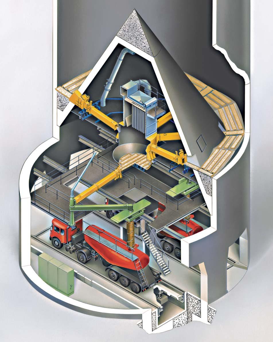 The drawing shows a typical central cone silo with 2 SIMPLEX loaders for truck loading. All the equipment is located under the cone.