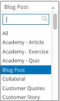 Selecting to filter by Content Type displays a content type drop down menu