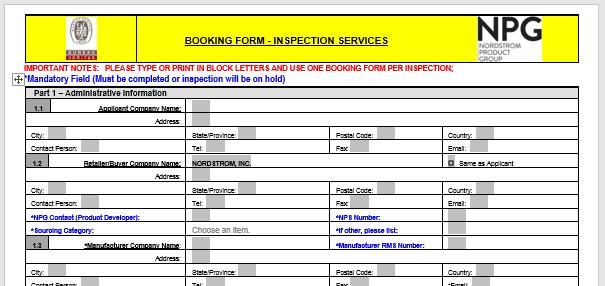 BOOKING FORM Third Party Service Providers: When booking with a Third Party Service Provider, reference the booking form, booking form example, instructions, inspection offices and contacts on the