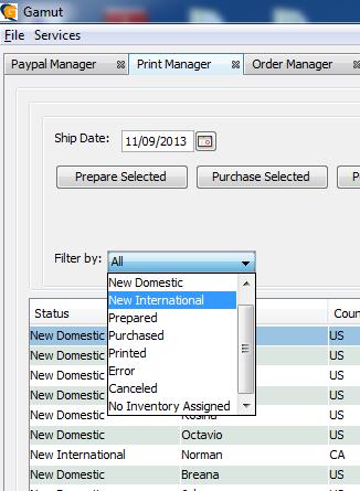 Print Manager : Filter or Sort You can sort by any of the displayed categories including shipping method or package type You can filter the orders based on: Domestic or International orders Prepared