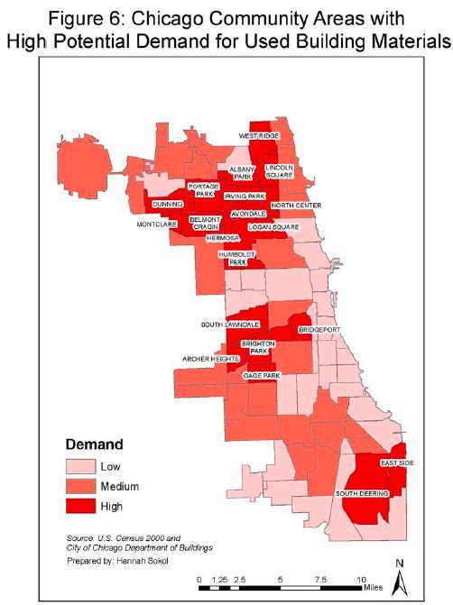 Figure*: Chicago community areas with potential demand for salvaged building materials. Source: 15.