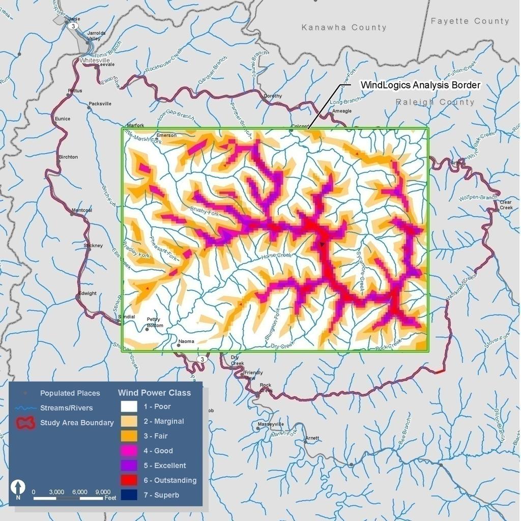 Figure 9: Wind resources on Coal River Mountain, West Virginia, with 90 meter resolution, 80 meter hub height Source: Map copied from Hansen et al.