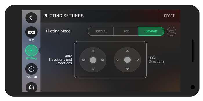 Piloting settings Pitch mode Change the direction of the pitch of the Parrot Disco (by default, right joystick on the Parrot Skycontroller 2).