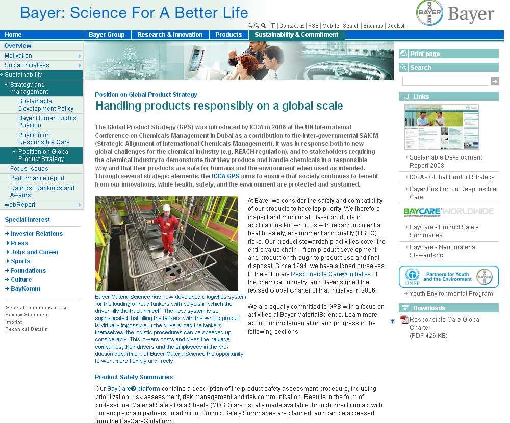 Example: Global Product Strategy (GPS) at Bayer MaterialScience GPS page to complement Responsible Care on the Bayer Group internet site supporting the supply chain dialogue.