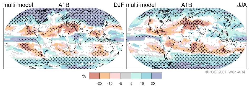 Projected precipitation changes in late 21st Century More precipitation near equator and in mid-latitude storm