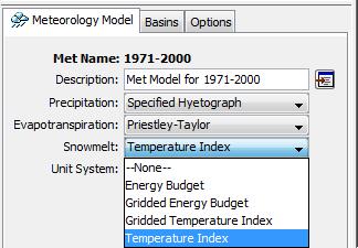 Figure 18: Snowmelt Methods Figure 19: Selection of Temperature Index Parameters - PX Temperature: to determine if the incoming precipitation is