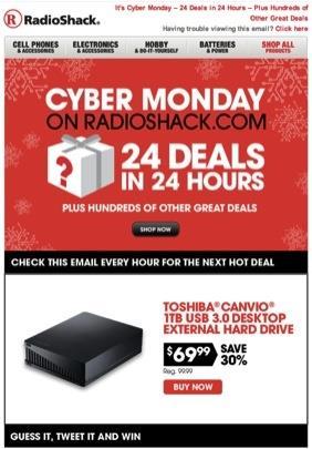 RadioShack Cyber Monday 24 online deals, each lasting only one hour on the website Dynamically
