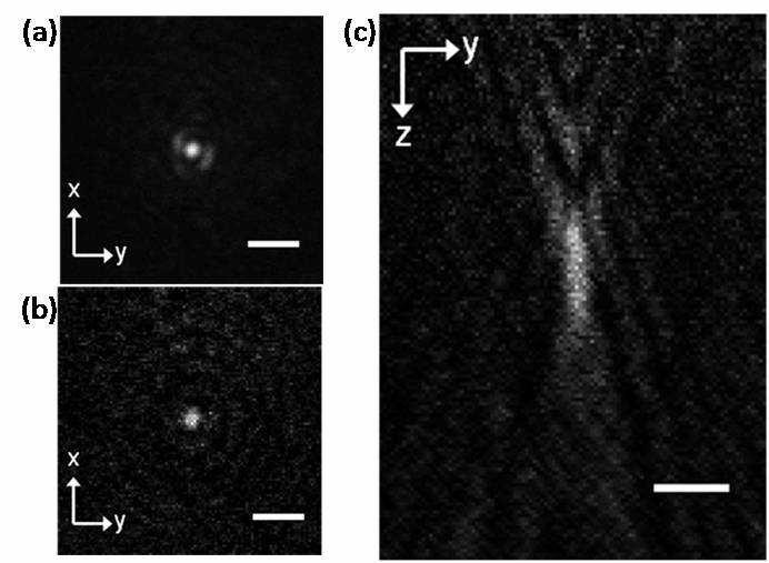 Spatial resolution of the H2 microscope measured by imaging an isolated BaTiO3 particle. a)shg intensity image measured by a conventional microscope.