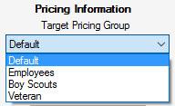 Change Target Pricing Group All of the Target Pricing Groups that you have created in the Pricing tab (&) will be located in the Target Pricing Group drop-down menu.
