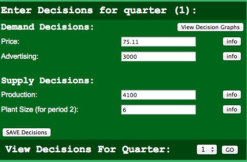 FIGURE 3.1: Example Firm Decisions Demand Decisions The demand decisions will vary from one to two depending on the level of the game selected by the instructor.