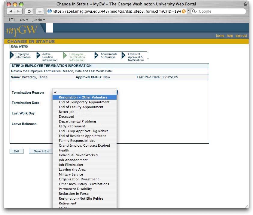 7. Part 3 Employee Termination Information In Part 3, you ll need to choose a Termination Reason (see next screen shot) from the drop down menu.
